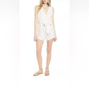 Rails Scarlett SizeM Dotted Tie Romper Linen Blend Buttons Front Lined V-Neck